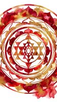 Watercolor mandala with red and gold geometric star pattern, concentric circles, and petal motifs on isolated white background. Suitable for spiritual designs, meditation artwork, and decorative applications.