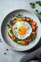 Fresh sunny side up egg served on bed of microgreens, cherry tomatoes, and sliced avocado in white ceramic bowl. Seasoned with black pepper and herbs.