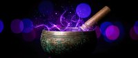 Ancient bronze singing bowl with wooden mallet surrounded by mystical purple energy waves and glowing orbs for meditation and sound healing practices.