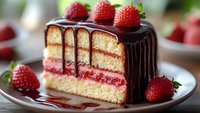 Layered vanilla cake with strawberry filling and chocolate ganache topping, decorated with fresh strawberries on white plate, close up view of dessert slice.