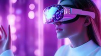Young Caucasian woman wearing VR headset experiencing virtual reality in futuristic purple neon environment for gaming and technology applications.