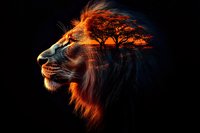 Majestic lion profile with African savanna tree silhouette double exposure effect against dramatic orange sunset sky on black background.