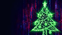 Digital Christmas tree with glowing green lights and ornaments on dark blue background with binary code matrix pattern for holiday technology designs.