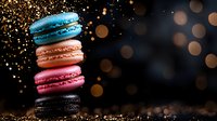 Colorful macarons stack with golden glitter sparkles on dark bokeh background for luxury dessert menu, celebration party decoration and gourmet pastry advertising.