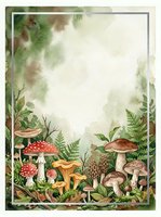 Watercolor forest mushroom frame with ferns and foliage creating natural border for botanical designs and nature-themed projects.