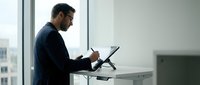 Male professional with dark hair and beard, South Asian ethnicity, wearing dark business attire, working at standing desk with tablet near modern office window overlooking cityscape.