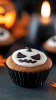 Halloween ghost cupcake with white frosting and spooky face decoration on dark surface with glowing jack-o-lantern pumpkins in blurred background.