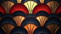 Art deco fan pattern in rich metallic colors of red, gold, navy and copper creates luxurious geometric background with overlapping scalloped shapes.