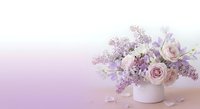 Elegant purple and white floral arrangement with roses and lilac in ceramic vase on soft gradient background for wedding and romantic design projects.