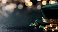 Green leprechaun hat with gold coins and paper shamrocks on dark background with bokeh lights, St Patrick's Day holiday celebration composition.