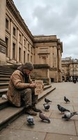 Elderly Caucasian homeless man sitting on city steps holding a cardboard sign, surrounded by pigeons near a classic stone building.