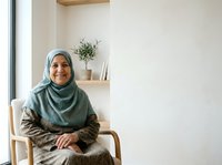 Middle-aged woman of Middle Eastern ethnicity wearing a teal hijab and beige cardigan, sitting on a wooden chair in a minimalist interior space with shelving and potted plant behind her, suitable for lifestyle, diversity, and professional portraits.