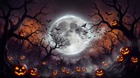 Spooky Halloween night scene with glowing jack-o-lanterns, bare twisted trees, full moon, flying bats and eerie purple sky creating festive autumn atmosphere.