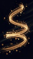 Golden spiral light trail with sparkling particles and bokeh effects on dark background for luxury design projects and festive decorations.