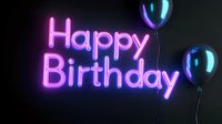 Glowing pink neon Happy Birthday text with floating holographic balloons on dark background, modern celebration design for party invitations and social media.