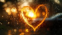 Glowing heart shape drawn on rainy window glass with warm street light bokeh in background creating romantic evening atmosphere during rainfall.