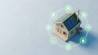 Eco-friendly house model with solar panels surrounded by green energy icons representing sustainable living and renewable power solutions.