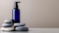 Minimalist spa composition with cobalt blue glass pump bottle on balanced zen stones against neutral background, wellness and skincare concept.