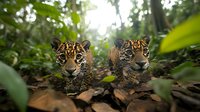 Two young jaguar cubs looking directly at camera while resting on forest floor covered with fallen leaves, surrounded by lush green vegetation in natural habitat.