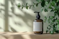 Amber glass pump bottle with blank label on wooden surface, natural shadow play from window light and green leaves, minimal cosmetic mockup styling.