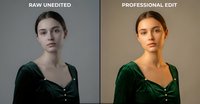 Young woman in emerald green velvet dress showing before and after photo editing comparison for retouching and beauty enhancement services.