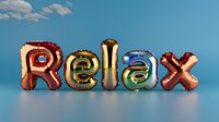 Colorful metallic balloon letters spelling RELAX float against bright blue sky with white clouds, creating cheerful motivational message for wellness designs.