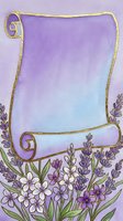 Lavender flowers frame an ornate golden scroll on gradient purple and blue background, offering elegant space for text, invitations, greeting cards, or decorative design projects.