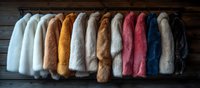 Colorful collection of luxury faux fur coats hanging in row on wooden wall background, featuring white, brown, yellow, pink and blue winter fashion garments.