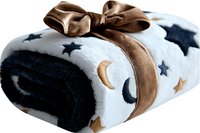 Cozy rolled blanket with stars and moons pattern tied with bronze satin bow on white background, soft plush throw for nursery or bedroom decor.