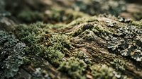 Close-up of green moss growing on weathered tree bark texture, suitable for nature backgrounds, environmental concepts, and organic design elements.