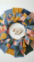 Cream-colored ceramic bear figurine surrounded by colorful geometric patterned fabric cushions and knitted textiles in blue, yellow, pink, and green tones for home decor styling.
