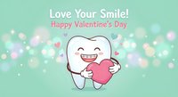 Cute cartoon tooth character holding pink heart with Valentine's Day message on mint green background with bokeh lights for dental care marketing.