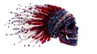 Artistic skull dissolving into red and blue particles on white background, side view profile showing dynamic motion effect and scattered dot pattern. Isolated design element.