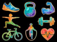 Watercolor fitness sticker set isolated on transparent background, featuring sneaker, kettlebell, dumbbell, flexing arm, yoga pose, bike, jump rope, and heart rate icon.