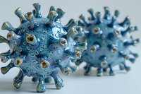 Blue ceramic virus model with spiky surface and detailed texture, showcasing scientific concept for medical education or healthcare illustration.