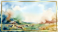 Watercolor rural farm scene with grazing cows, green meadows, barn, and cloudy sky, framed in gold border for cards and prints.