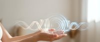 Glowing energy waves floating above open palm in soft indoor lighting representing digital transformation and futuristic technology concepts.