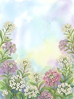 Watercolor floral frame with delicate alyssum flowers in soft pastels creating romantic border on dreamy background for wedding invitations and spring designs.