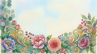 Watercolor floral border with roses, peonies, and golden swirls on a soft blue background, perfect for greeting cards and invitations.