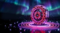 Futuristic glowing gear wheel with neon pink and purple lights floating above circular platform against aurora borealis sky for technology concepts.
