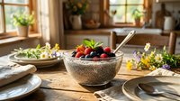 Healthy breakfast bowl with fresh berries and granola on wooden table in bright kitchen with plants and natural light, suitable for food and wellness content.