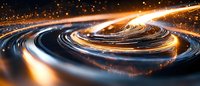 Futuristic spiral of glowing light trails with golden particles against dark background, creating dynamic motion effect for technology concepts.