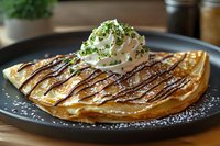 Golden crepe drizzled with chocolate sauce and topped with fresh whipped cream and mint garnish on dark plate, dusted with powdered sugar for dessert menu.