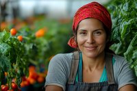 Smiling female farmer with red headscarf harvesting fresh tomatoes in greenhouse, surrounded by lush green plants and ripe orange produce.