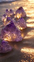 Raw amethyst crystals catching golden sunlight, creating magical sparkles and bokeh effects against dark surface, spiritual healing stones in purple hues at sunset.