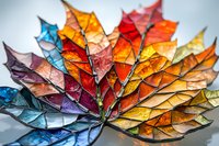 Vibrant autumn maple leaves arranged in circular pattern showcasing spectrum of fall colors from blue to orange and red, artistic macro photography on light background.