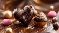 Chocolate heart candy and cupcake with whipped cream topping on swirled brown background with pink and gold confectionery decorations, romantic dessert setup.