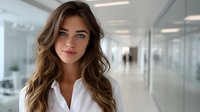 Young businesswoman with long wavy brown hair and bright blue eyes wearing white shirt smiling confidently in modern office corridor with glass walls and natural lighting.