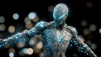 Mystical water humanoid figure emerging from liquid splash with glowing blue light effects against dark background with bokeh lights, artistic fantasy concept.