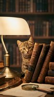 Adorable tabby kitten sitting among vintage books in cozy library setting with warm brass desk lamp creating atmospheric reading nook for education content.